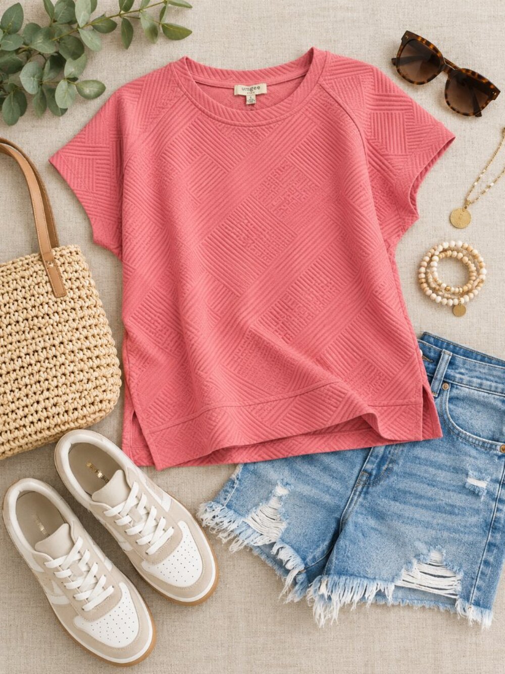 NWT Umgee Pink Textured Oversized Short Sleeve Top Size Large L
